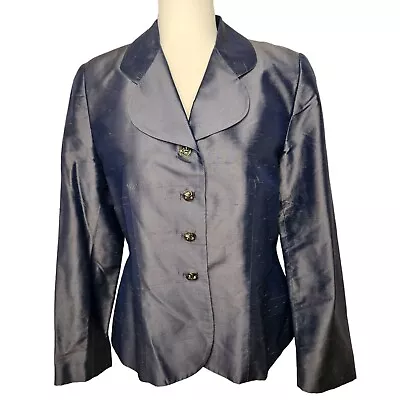 Buy Zelda ZV2 100% Silk Blazer Jacket Size 10 Blue Metallic Scalloped Collar • 27.55£