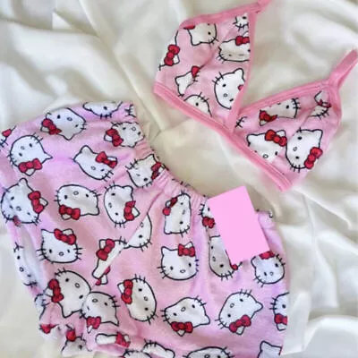 Buy 2pcs Women Kaiwaii Hello Kitty Summer Pajamas Flannel Pants Top Bra Sexy Set • 11.99£