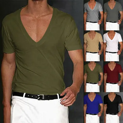 Buy UK Men V Neck Muscle Tee Short Sleeve T-shirt Summer Casual Blouse Slim Fit Tops • 10.09£