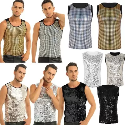 Buy Men Shiny Sequin Tank Top Rave Disco Dance T-Shirts Vest Clubwear Party Costume • 11.27£