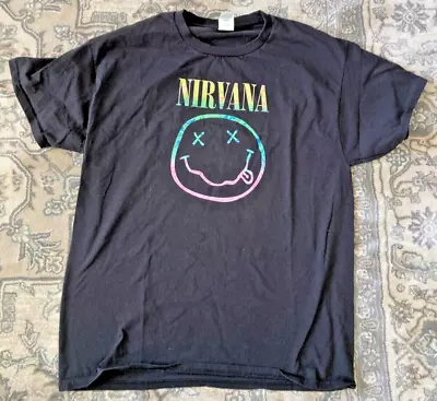 Buy Nirvana Smiley Face T-shirt Cotton T Shirt L Hanes Authentic  Black • 20.07£