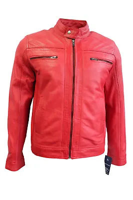 Buy Rocky Men's Classic Biker Fitted Designer Style Red Soft Nappa Leather Jacket • 104.98£