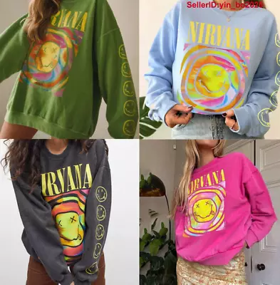 Buy Lady Nirvana Smiley Face Crewneck Sweatshirt Casual Hoodie  Heliconia Color Tops • 6£