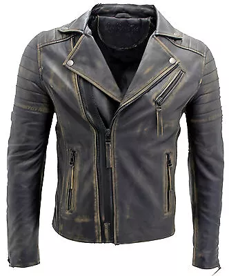 Buy Men's Vintage Black Slim Fit Brando Double Cross Zip 100% Leather Biker Jacket • 103.49£