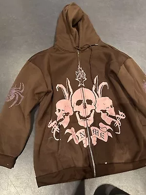 Buy Brown And Pink Skull Print Rhinestone Hoodie Oversized - Size Small • 14.99£