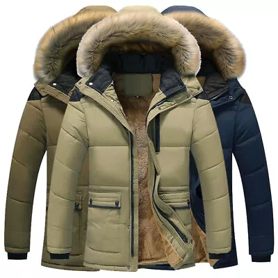 Buy Men's Thicken Warm Parka Hooded Jacket Fud Outdoor Winter Coat • 44.57£
