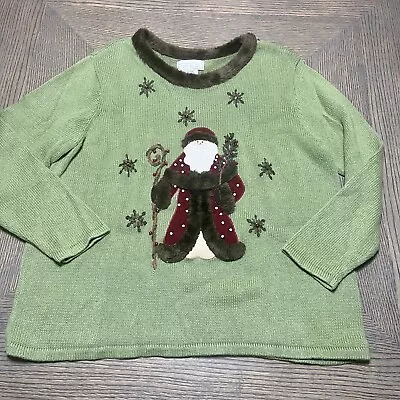 Buy Mandal Bay Sweater Christmas Santa Green Faux Fur XXL 2X Father Embroidered 3D • 21.48£