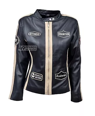 Buy Ladies Rider Moto Sport Black Beige Stripe Badges Retro Biker Leather Jacket • 41.65£