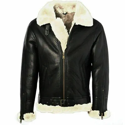 Buy Mens Black Aviator Fur B3 Leather Jacket Genuine Sheepskin Aviator Fur B3 Bomber • 40.88£