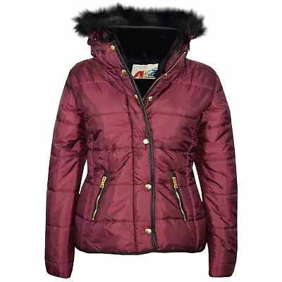 Buy Kids Girls Puffer Quilted Coat Faux Fur Collar Wine Hooded Thick Warm Jacket • 11.99£