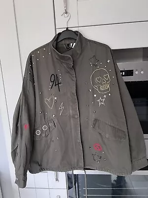 Buy H&M Divided Khaki Jacket Uk 12 Skull Studds Embroidered  • 14£