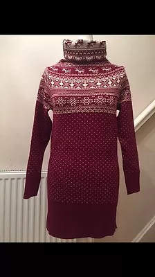 Buy Womens Ladies Burgundy Christmas Reindeer Jumper Dress Size S/m • 19.59£