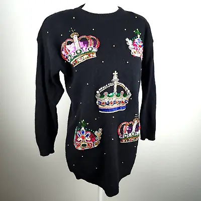 Buy VTG MARISA CHRISTINA Black Crowns Sweater Sequins Beading Mardi Gras Lambswool • 52.21£