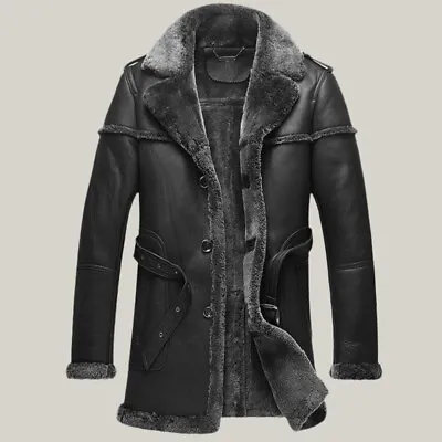 Buy Men's RAF Trench Coat Real Sheepskin Shearling Fur Long Black Leather Jacket • 150£