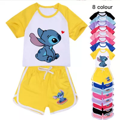 Buy 2pcs Girls Lilo And Stitch Print Casual T-Shirt Tracksuit Tee Top Shorts Suits • 7.59£