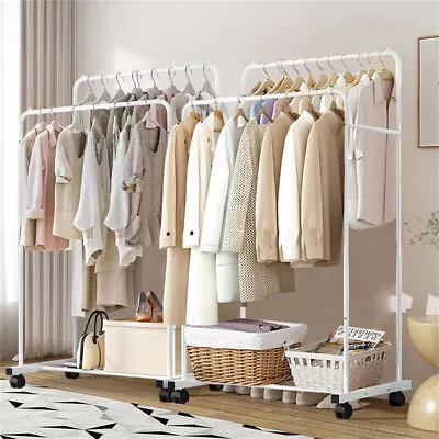 Buy Thick Tube Double Clothes Rail Rack Shirts Garment Hanging Stand 4 Wheel Armoir • 19.96£