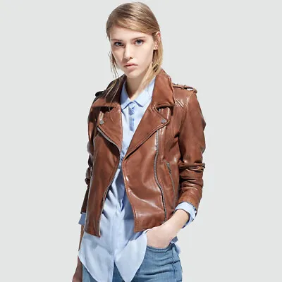 Buy Women Slim Fit Brown Asymmetrical Designer Style Biker Sheepskin Leather Jacket • 91.08£