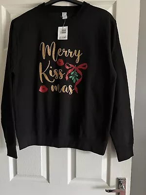 Buy Women’s Lipsy Black Merry Kiss Mas Christmas Sweatshirt Jumper Size Medium New • 16£