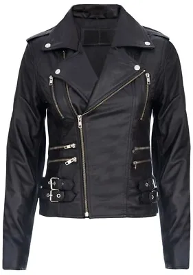 Buy Women's Black Soft Multi Zip Coat Retro 100% Nappa Real Leather Biker Jacket • 49.99£