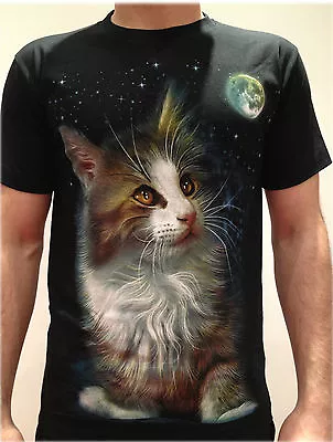Buy 'Moon Cat' Black T-Shirt,Cat/Kitty/Kitten/ Front Print Unisex/Top/Tee/T Shirt • 14.99£