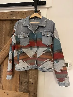 Buy Boho Vintage Aztec Tribal Western Southwest Print Denim Jacket Jean Shacket L • 25.06£