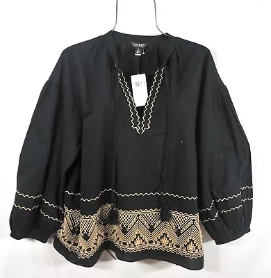 Buy Lauren Ralph Lauren Womens L Blouse Embroidered Voile Peasant Shirt Top Black • 79.38£