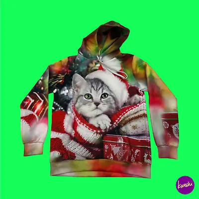 Buy CHRISTMAS Print Hoodie, Cute Cat Print To Front, Kangaroo Pocket, Red, S/M • 14.99£