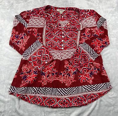 Buy Lucky Brand Top Womens Medium Red Linen Blend Button Popover Peasant Boho Casual • 17.78£
