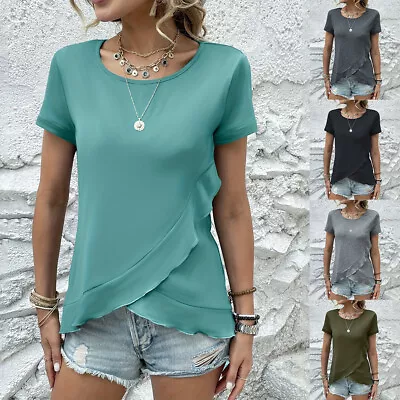 Buy Women Short Sleeve Ruffles Shirt Tops Summer Casual Blouse Solid Tees Work OL • 11.59£