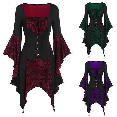 Buy Halloween Womens Steampunk Skull Gothic Tops Shirt Victorian Costume Fancy Dress • 5.59£
