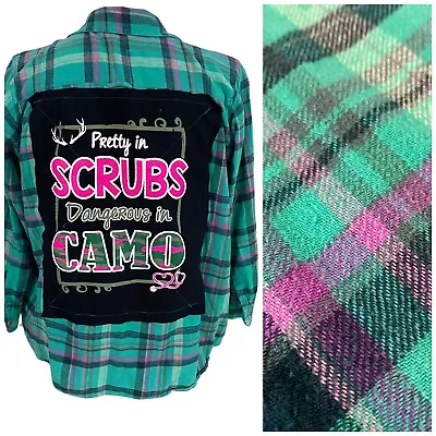 Buy Upcycled Flannel Shirt Womens 22W RN Scrubs Camo Green Plaid Country Grunge Camp • 38.40£
