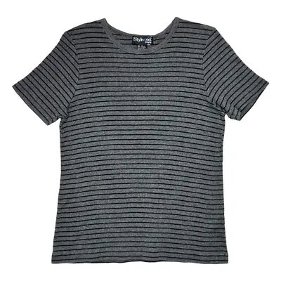 Buy Style & Co Petite Vintage Y2K Basic Striped Knit Top SS Gray Black Cute Size S • 13.62£
