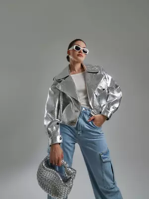 Buy Silver Oversized Jackets Women Loose Coats Women PU Leather Streetwear Jacket • 104.34£