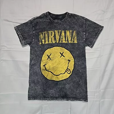 Buy Nirvana Smiley Face Black/Gray Washed Graphic T-Shirt,Short Sleeve Women Sm. • 7.10£