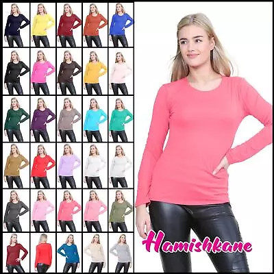 Buy Womens Plain T-Shirt Ladies Round Neck Long Sleeve Stretchy Casual Basic Tee Top • 7.42£