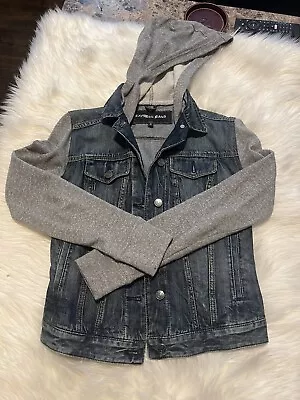 Buy EXPRESS JEANS Women’s Distressed Jean Jacket With Grey Hoodie Sleeves Size XS • 28.35£