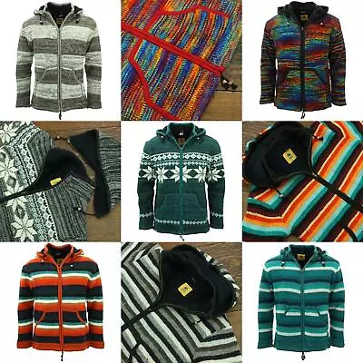 Buy Hand Knitted Wool Hooded Jacket Cardigan Hoodie Nepal Warm Lined Hippie Zip • 64.90£