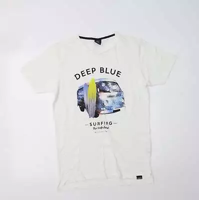 Buy Springfield Womens White Cotton Basic T-Shirt Size XS Crew Neck - Deep Blue • 5.50£
