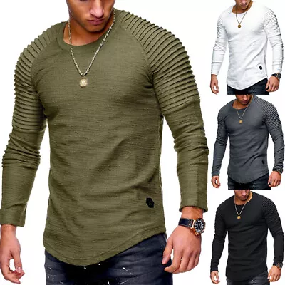 Buy Men O Neck Long Sleeve T-shirt Basic Tee Shirts Pleated Shoulder Casual Fashion • 13.55£