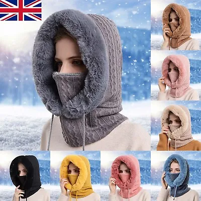 Buy Lady Winter Hat Scarf Hooded Plush Fur Neck Warmer Thick Plush Fluffy Beanies UK • 6.69£