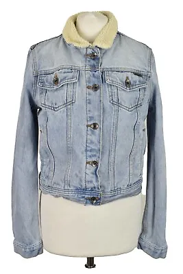 Buy SUPERDRY Blue Denim Jacket Size Uk 10 Womens Button Up Sherpa Outdoors • 16.17£