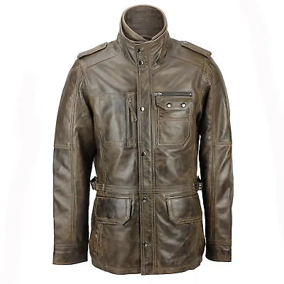 Buy XPOSED Mens Real Leather Vintage Smart Casual Brown Military Style Field Jacket • 139.99£