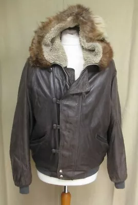 Buy Vintage JAPA Paris French Grey Brown Leather Fur Hooded Bomber Jacket Size M • 45£