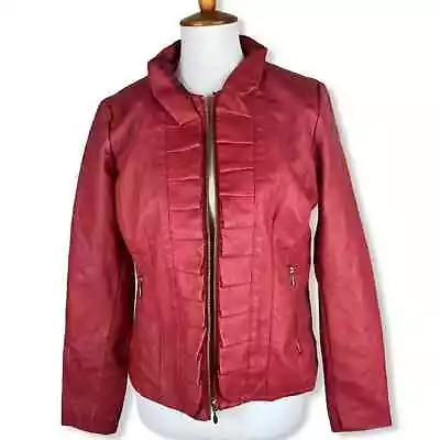Buy Baccini Red Vegan Leather Fitted Ruffle Jacket • 27.02£