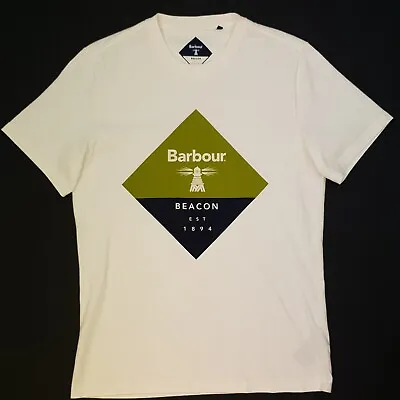 Buy Barbour T-Shirt Beacon MEDIUM White  Mens Crew Neck SLIM No Pattern Cotton 100% • 19.99£
