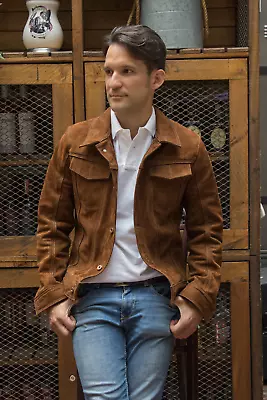 Buy Mens Brown Leather Trucker Jacket Pure Suede Custom Made Size S M L XL 2XL 3XL • 156.35£