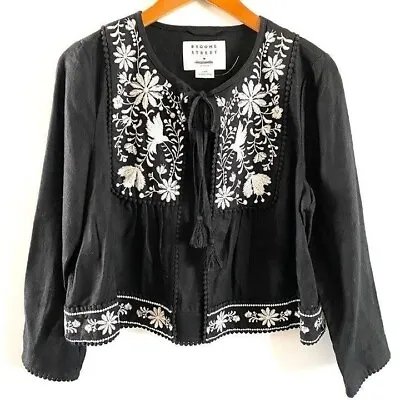 Buy Kate Spade Mexican Floral Linen Embroidered Tasseled Tie Jacket Black Med $298 • 144.77£