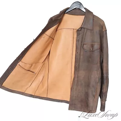 Buy #1 MENSWEAR Gimos Chocolate Brown Distressed  Leather Unlined Shacket 52 NR • 95.31£
