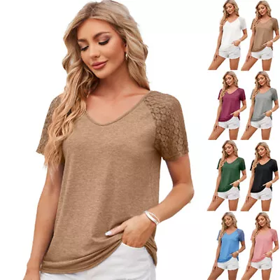 Buy Ladies Lace Summer Blouse V Neck Casual Top Pullover Loose Plain T Shirt UK Size • 9.49£