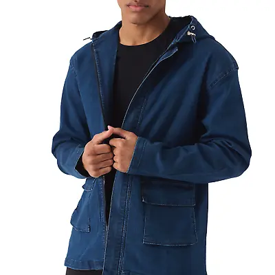 Buy New Mens Hooded Denim Jacket Mid Blue Wash Regular Fit Military Cargo Jacket • 29.99£